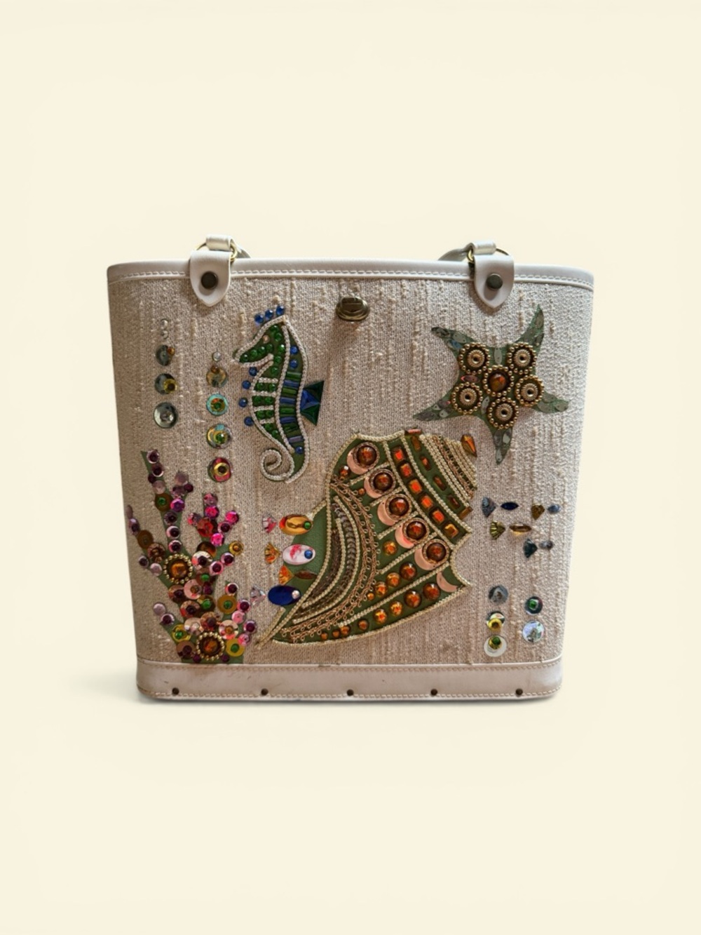 Vintage Enid Collins Sea Garden II Bag 1960s Bucket Purse Seahorse Wood Base Luc